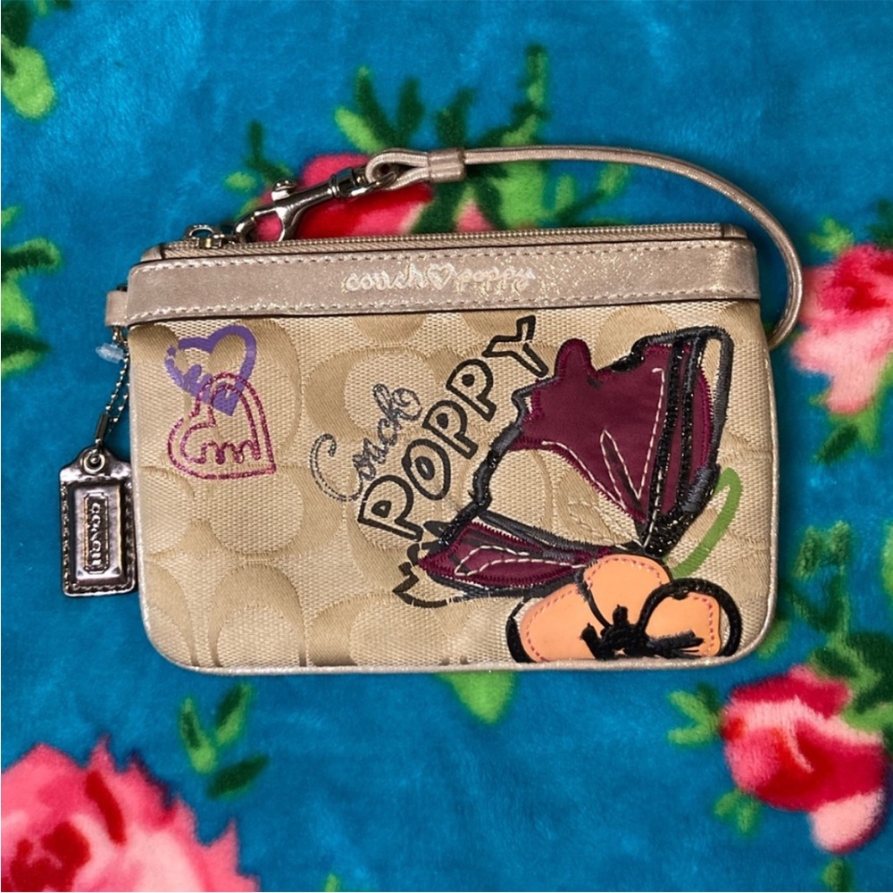 🦋 COACH Poppy Butterfly Wristlet - Cream & Metallic Satin Trim | RARE